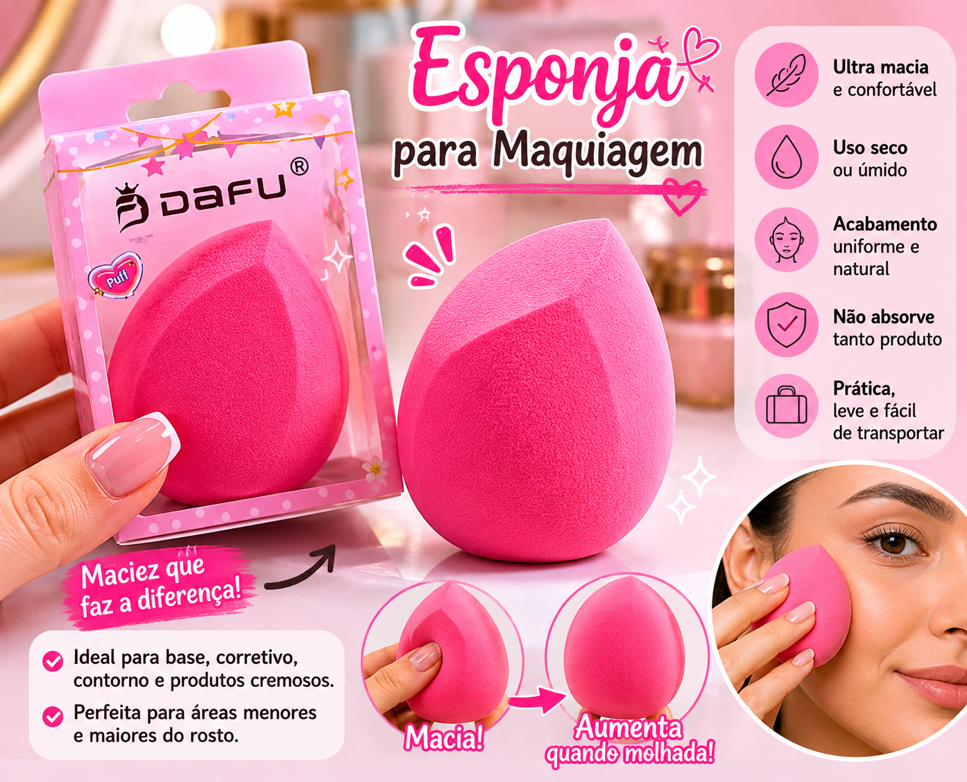 kit 3 Esponja Make Dafu Rosa Oval Macia para Aplicação de Maquiagem e Profissional