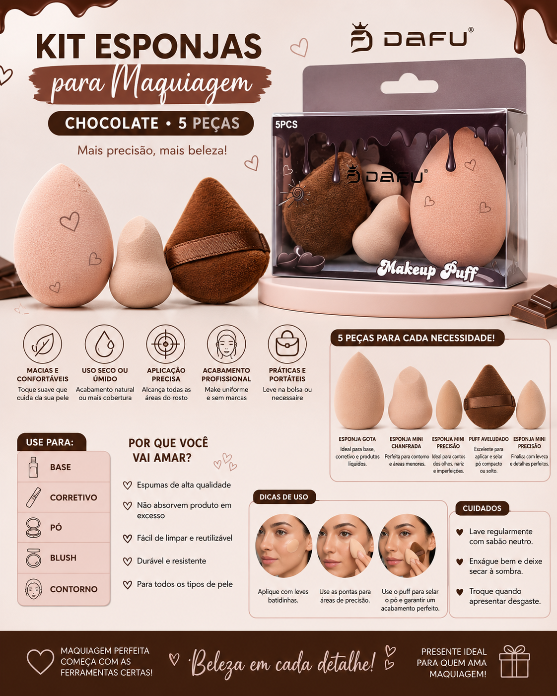 Kit de Esponjas para Maquiagem Chocolate com 5 Unidades - Imagem 8