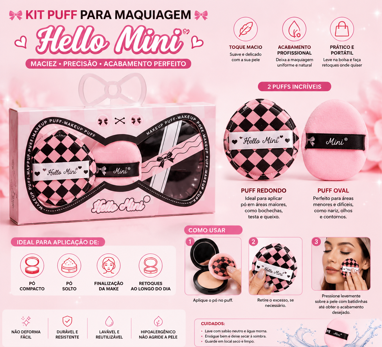 Kit Puff para Maquiagem Hello Mini Laço Rosa