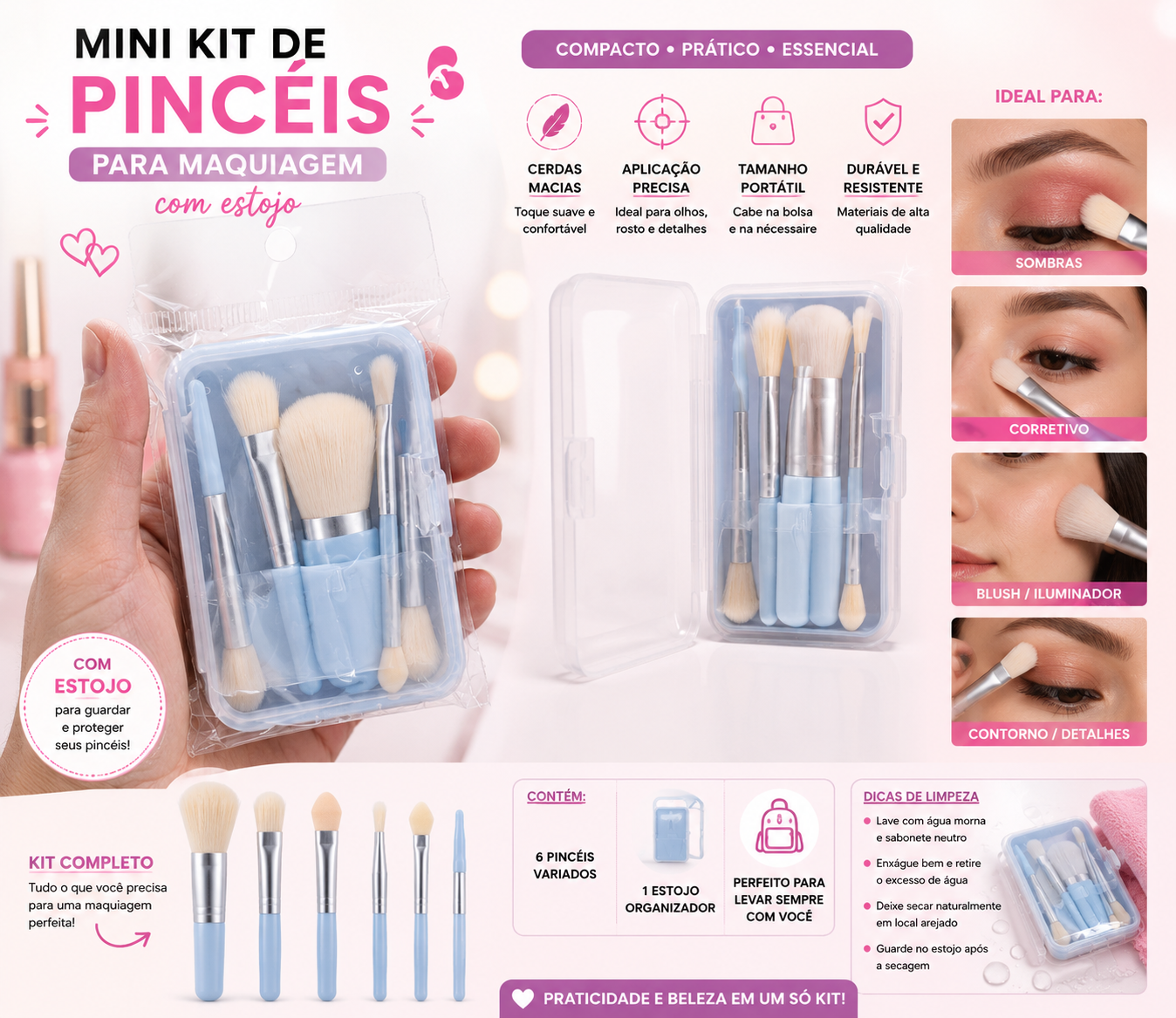 Mini Kit de Pincéis para Maquiagem com Estojo
