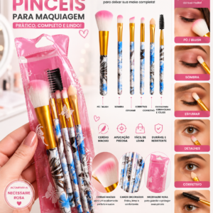 Kit 5 Pincéis para Maquiagem com Necessaire Rosa Portátil