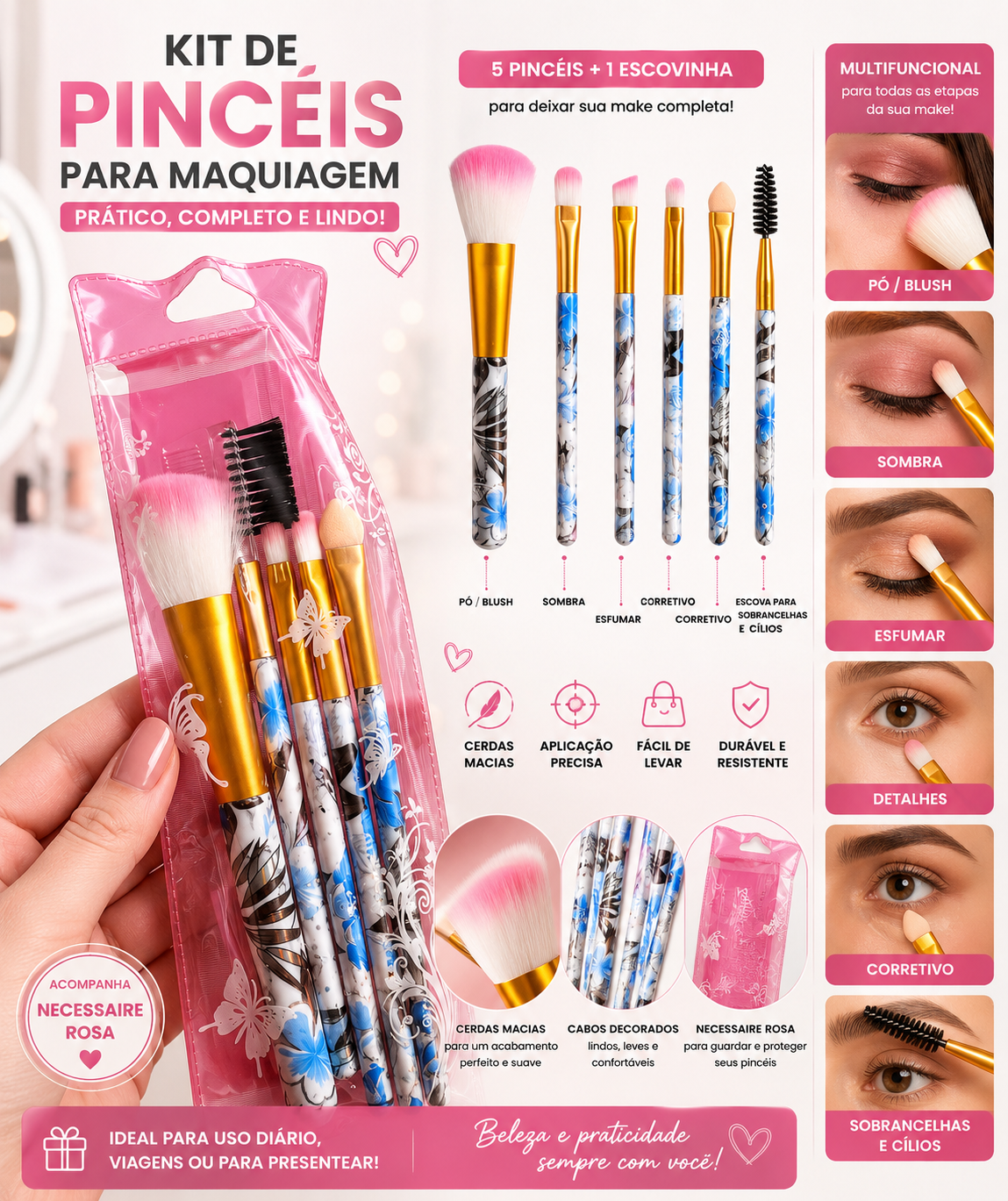 Kit 5 Pincéis para Maquiagem com Necessaire Rosa Portátil