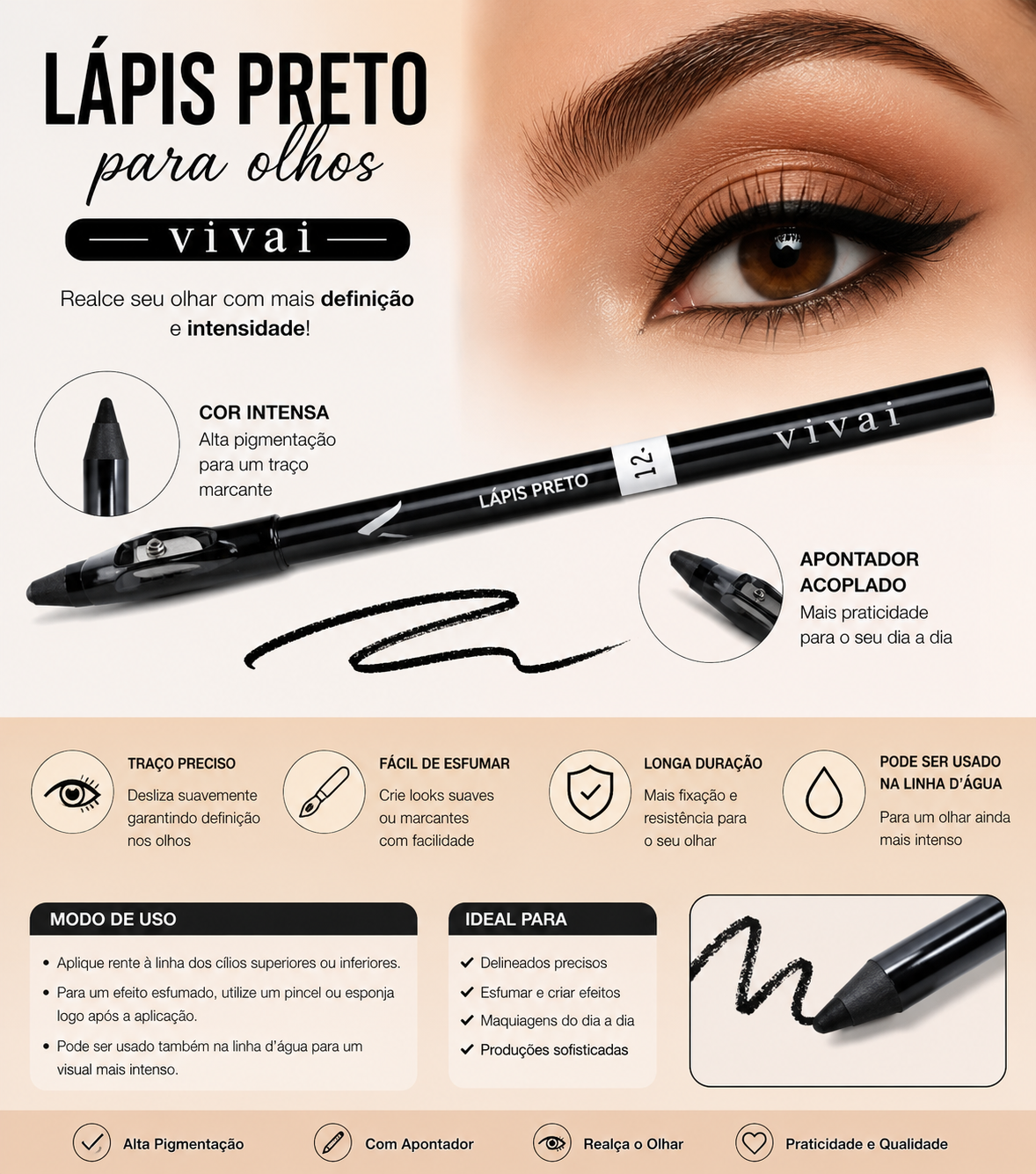 Lápis Preto para Olhos Vivai Alta Pigmentação