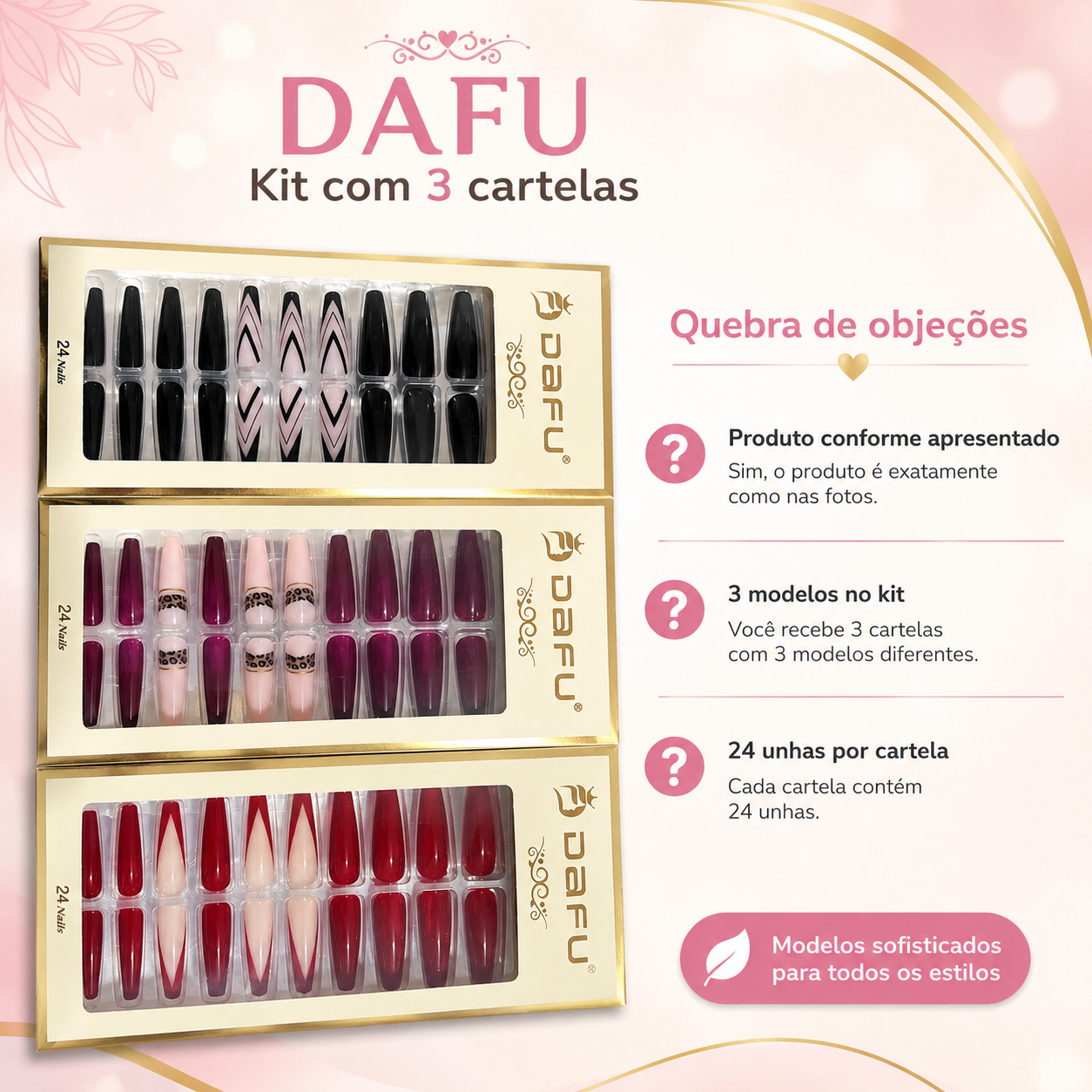 Kit Unhas Postiças DAFU 3 Cartelas 72 Unhas Modelos Variados - Imagem 5
