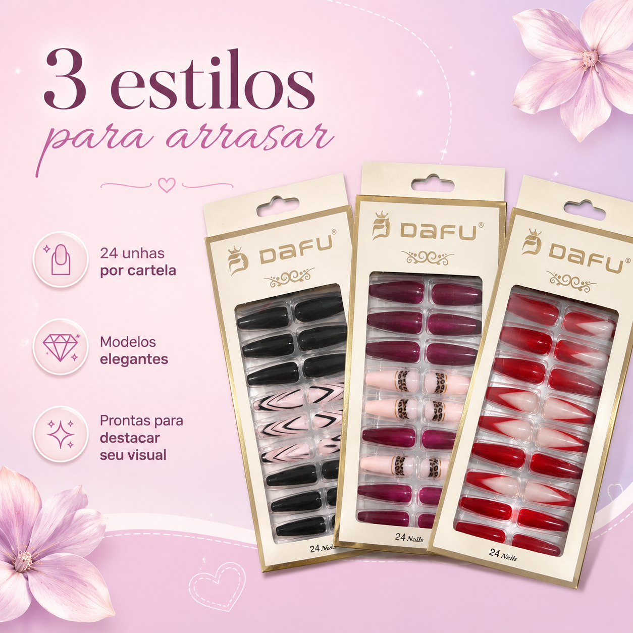 Kit Unhas Postiças DAFU 3 Cartelas 72 Unhas Modelos Variados - Imagem 6