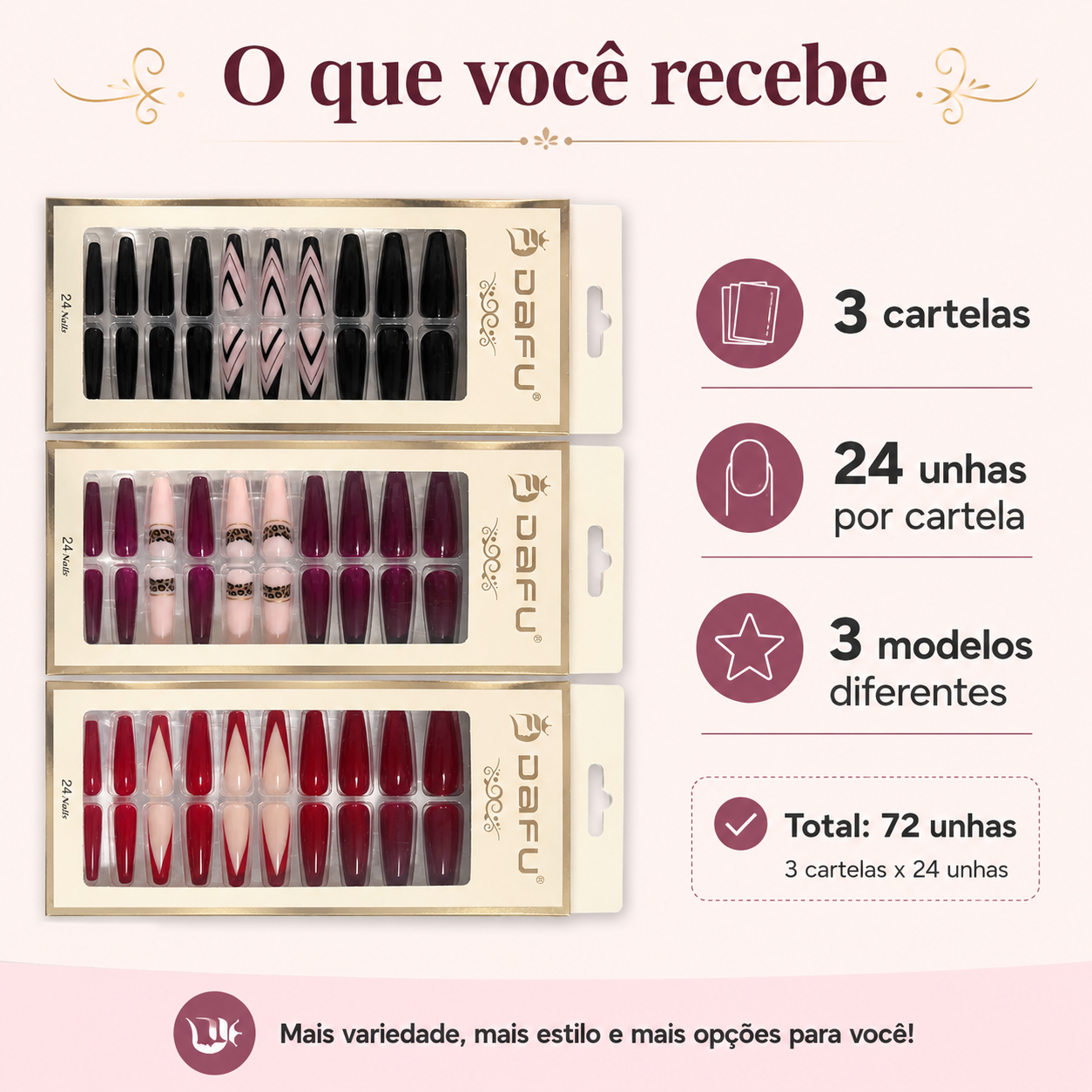 Kit Unhas Postiças DAFU 3 Cartelas 72 Unhas Modelos Variados - Imagem 3