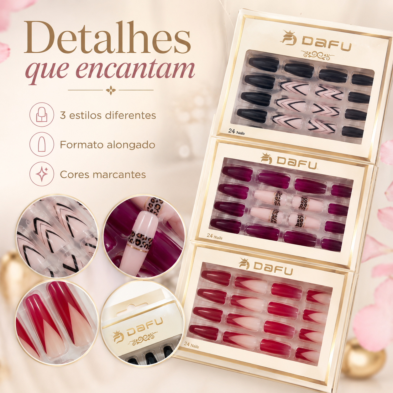 Kit Unhas Postiças DAFU 3 Cartelas 72 Unhas Modelos Variados - Imagem 7