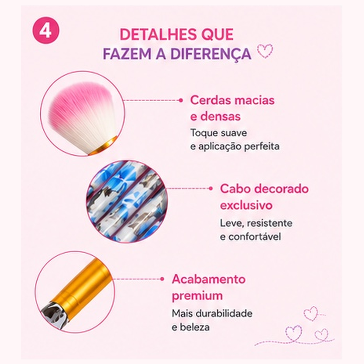 Kit 5 Pincéis para Maquiagem com Necessaire Rosa Portátil - Imagem 3