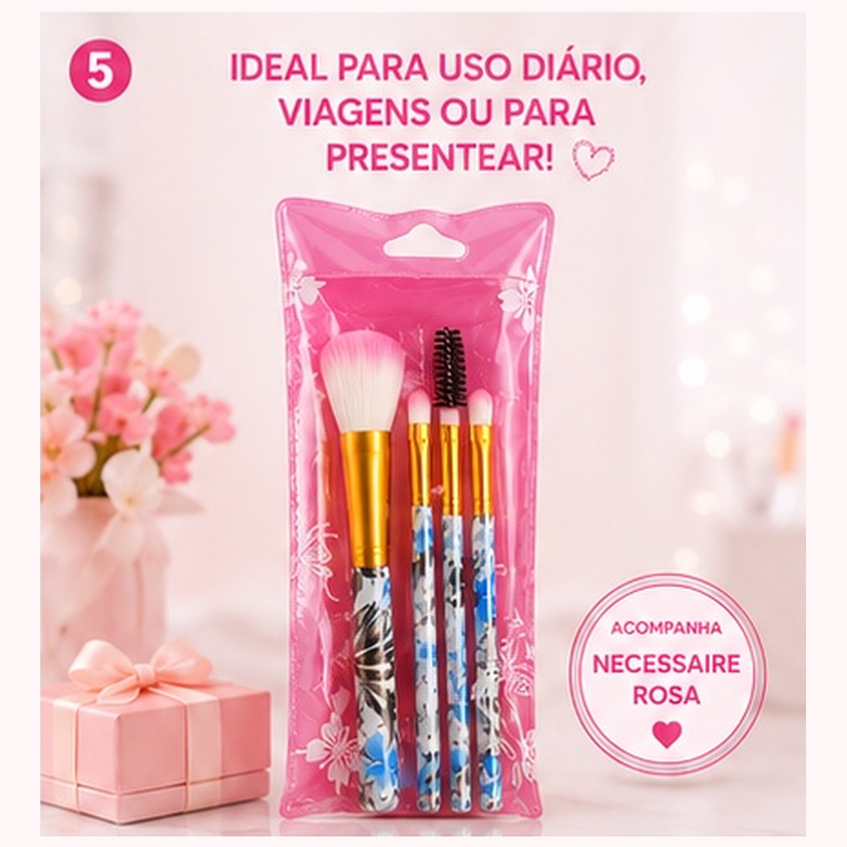 Kit 5 Pincéis para Maquiagem com Necessaire Rosa Portátil - Imagem 5
