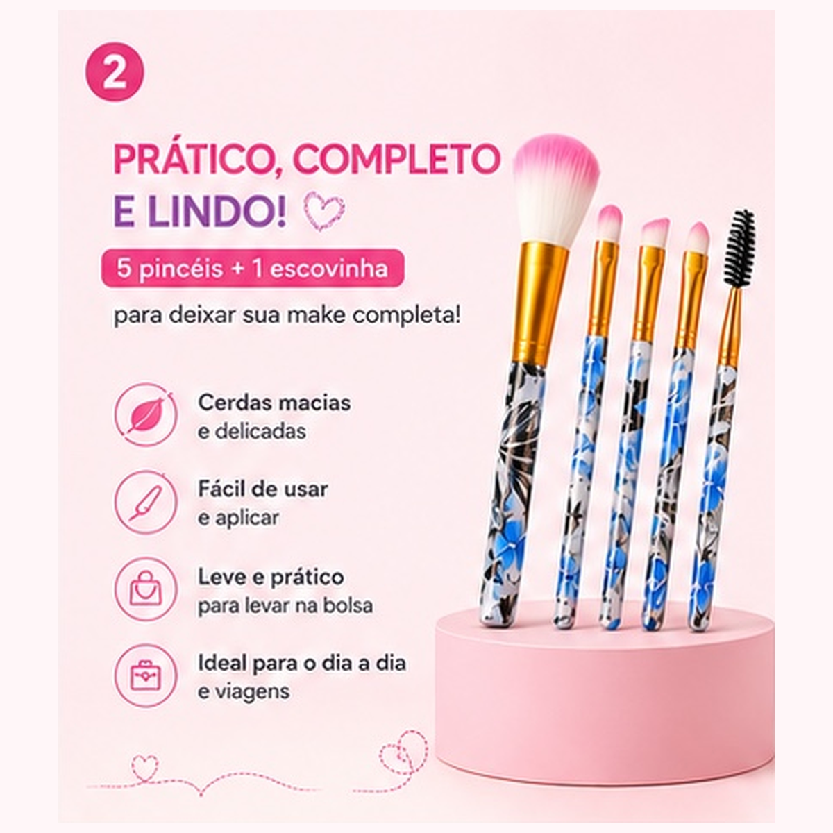 Kit 5 Pincéis para Maquiagem com Necessaire Rosa Portátil - Imagem 4