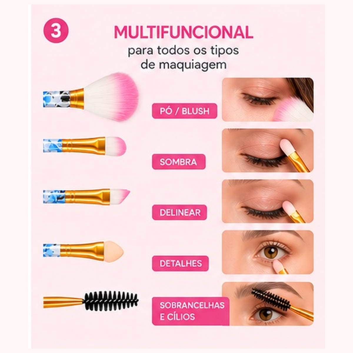 Kit 5 Pincéis para Maquiagem com Necessaire Rosa Portátil - Imagem 6