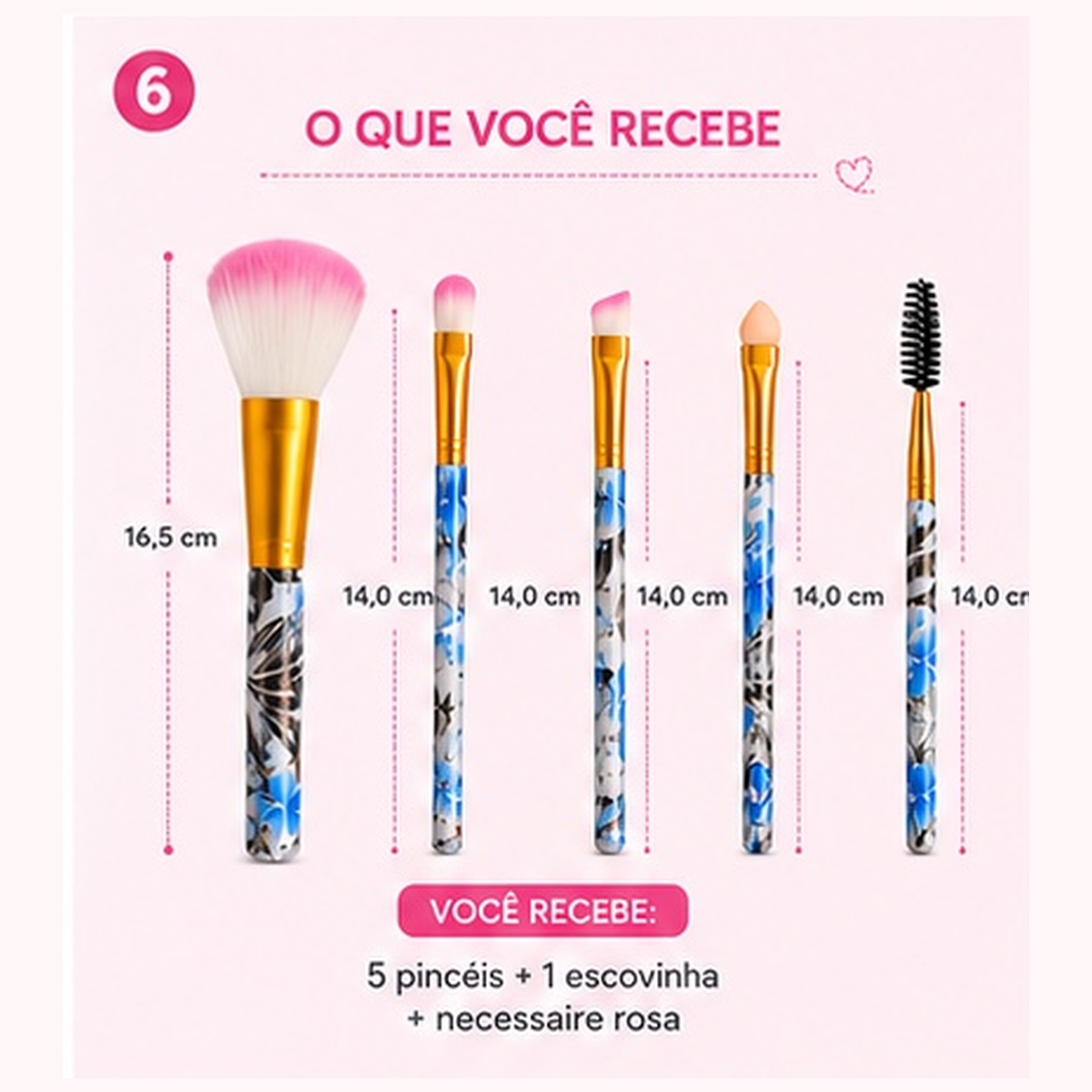 Kit 5 Pincéis para Maquiagem com Necessaire Rosa Portátil - Imagem 7