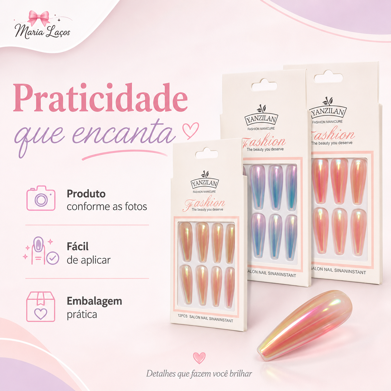 Kit 3 Cartelas Unhas Postiças Yanzilan Efeito Brilhoso 36 Peças - Imagem 4