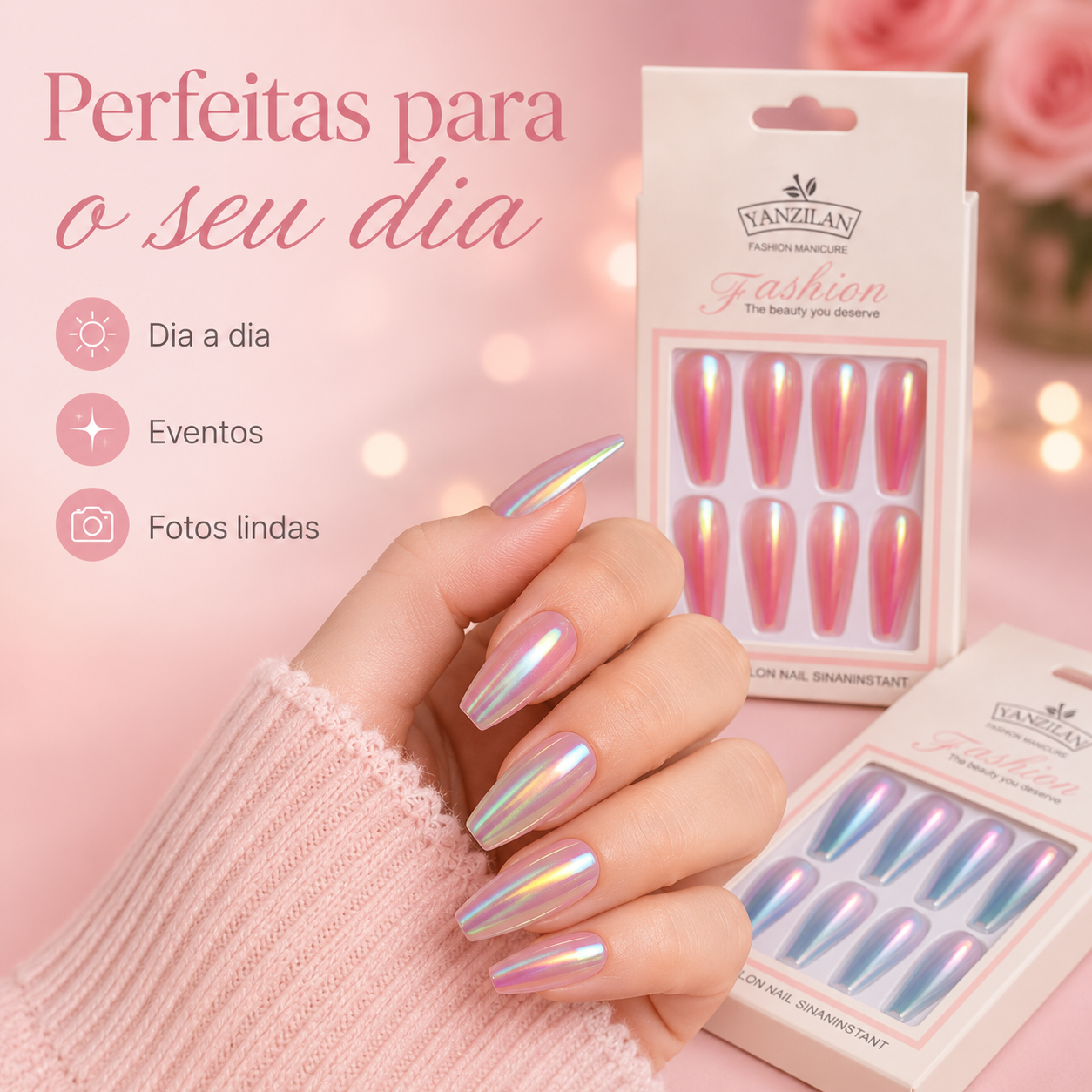 Kit 3 Cartelas Unhas Postiças Yanzilan Efeito Brilhoso 36 Peças - Imagem 2