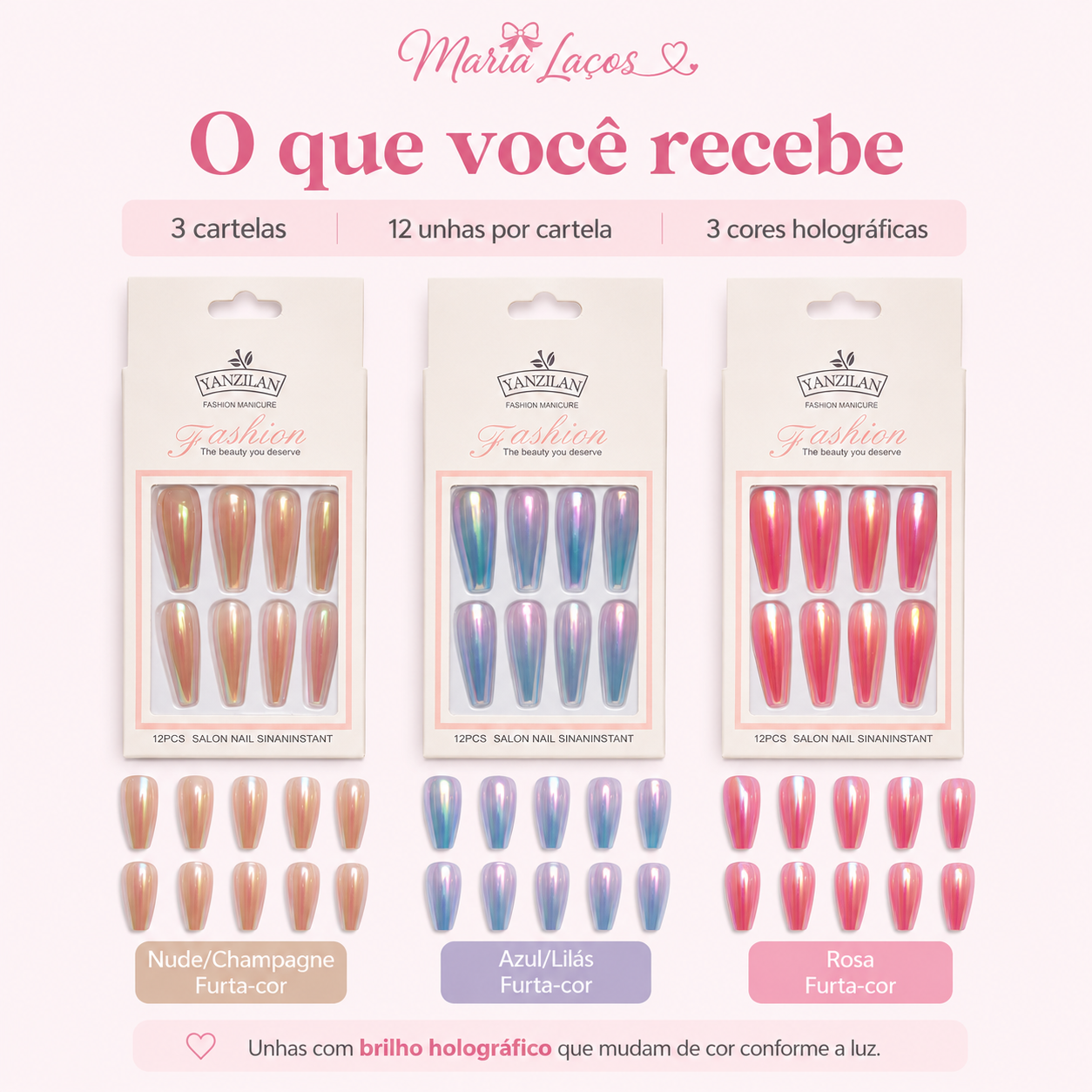 Kit 3 Cartelas Unhas Postiças Yanzilan Efeito Brilhoso 36 Peças - Imagem 3