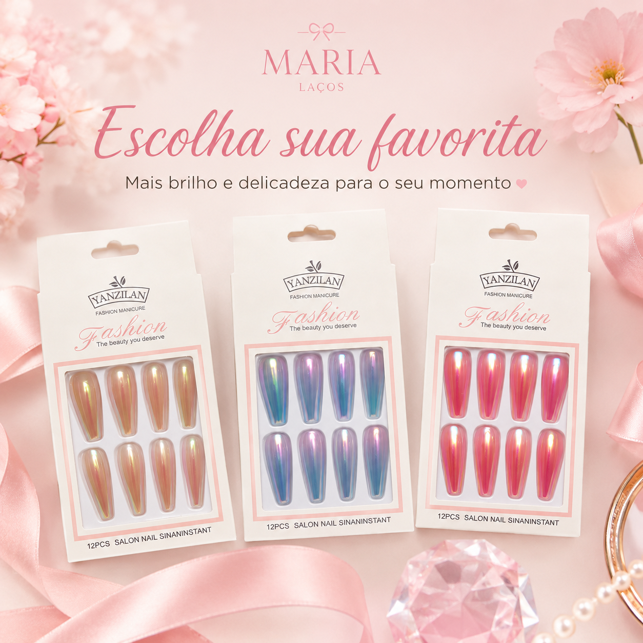 Kit 3 Cartelas Unhas Postiças Yanzilan Efeito Brilhoso 36 Peças - Imagem 7