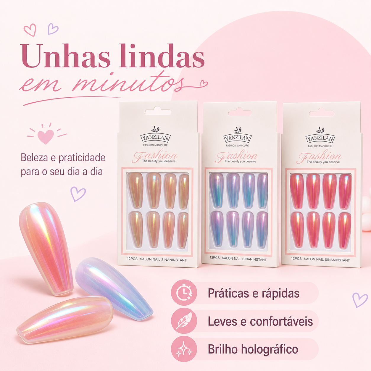 Kit 3 Cartelas Unhas Postiças Yanzilan Efeito Brilhoso 36 Peças - Imagem 6