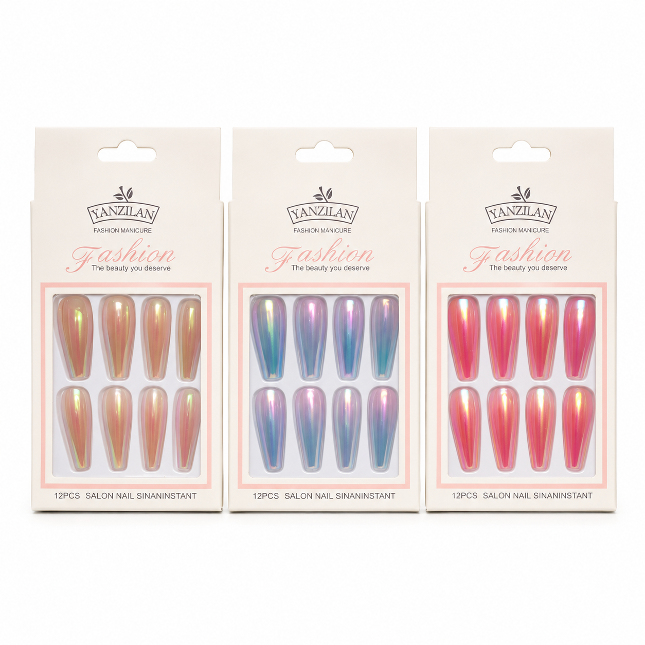 Kit 3 Cartelas Unhas Postiças Yanzilan Efeito Brilhoso 36 Peças