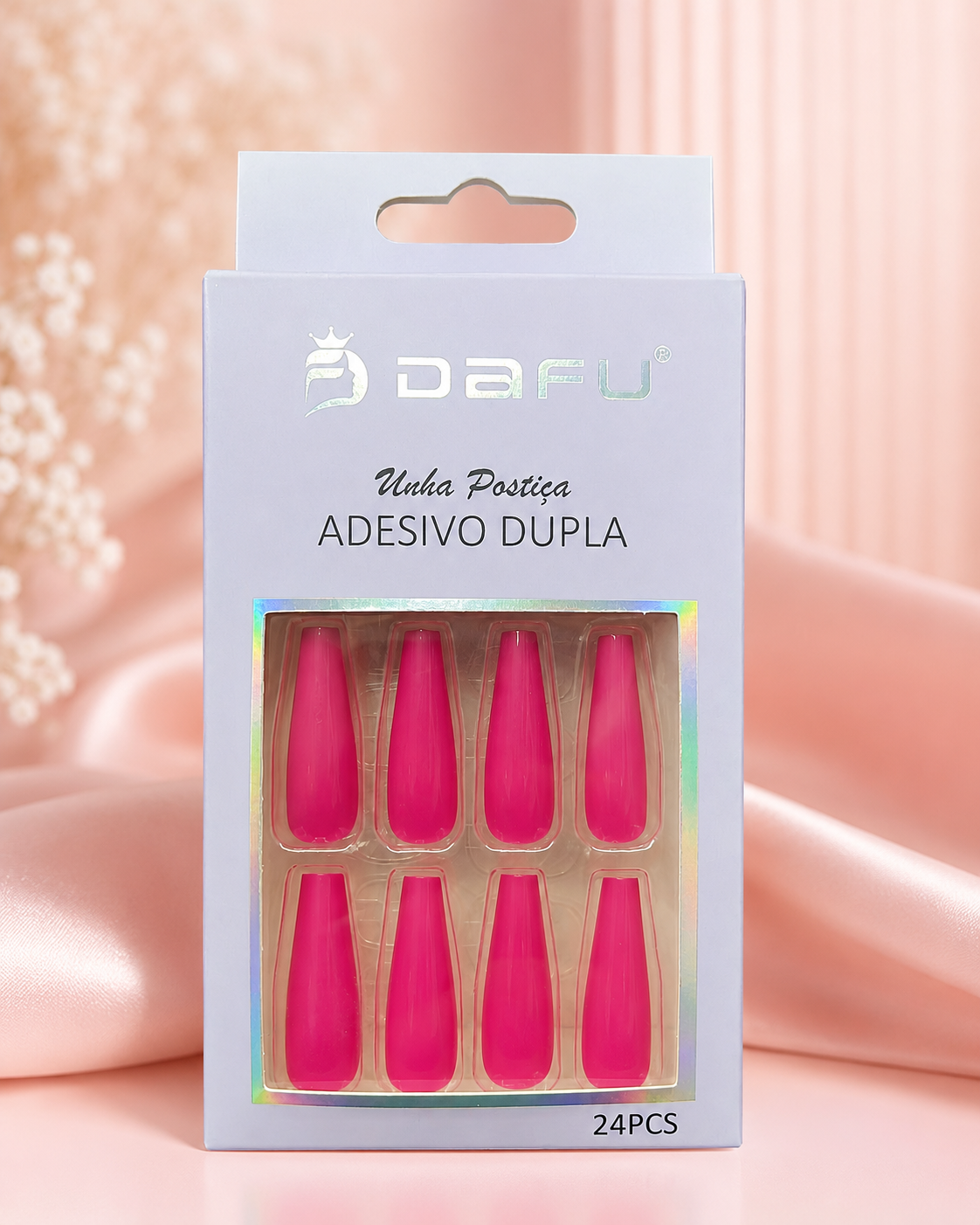 Unhas Postiças Dafu Pink Adesivo Dupla 24 Peças