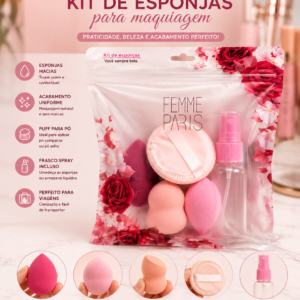 Kit de Esponjas para Maquiagem Femme Paris com Frasco