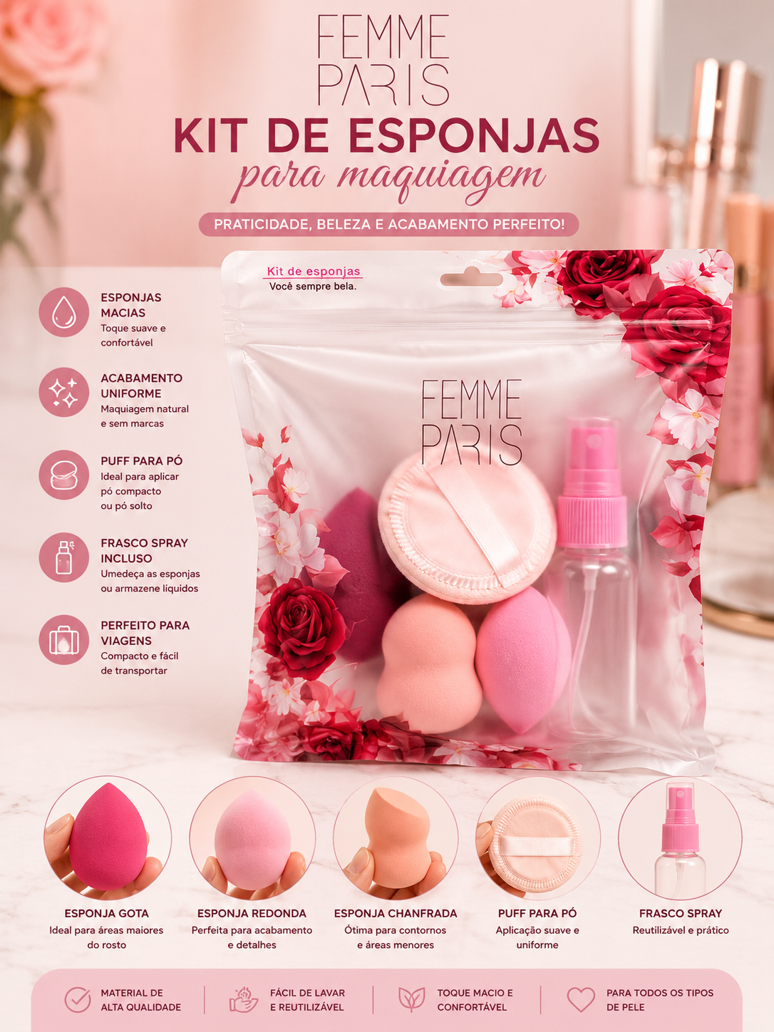 Kit de Esponjas para Maquiagem Femme Paris com Frasco