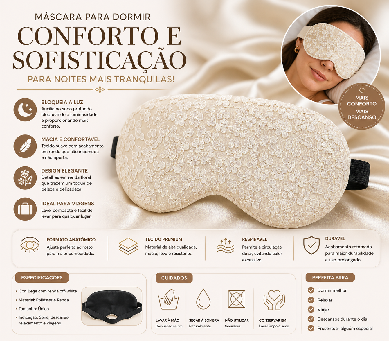 Máscara de Dormir Luxo com Renda Floral
