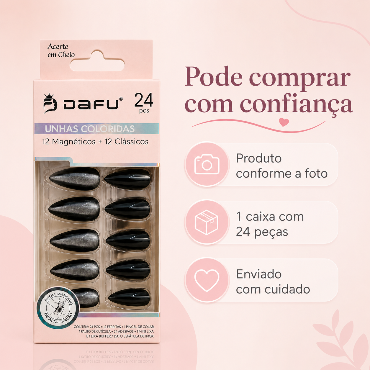 Unhas Postiças Coloridas DAFU 24 Peças Espelhadas Magneticas - Imagem 3