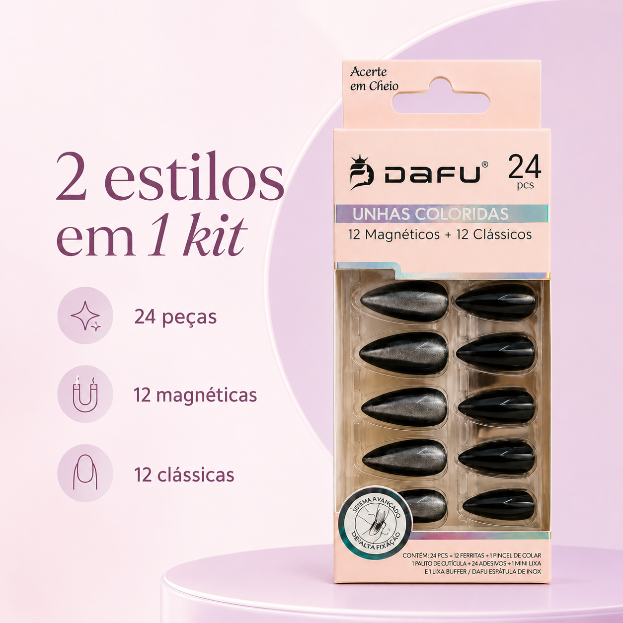 Unhas Postiças Coloridas DAFU 24 Peças Espelhadas Magneticas - Imagem 2