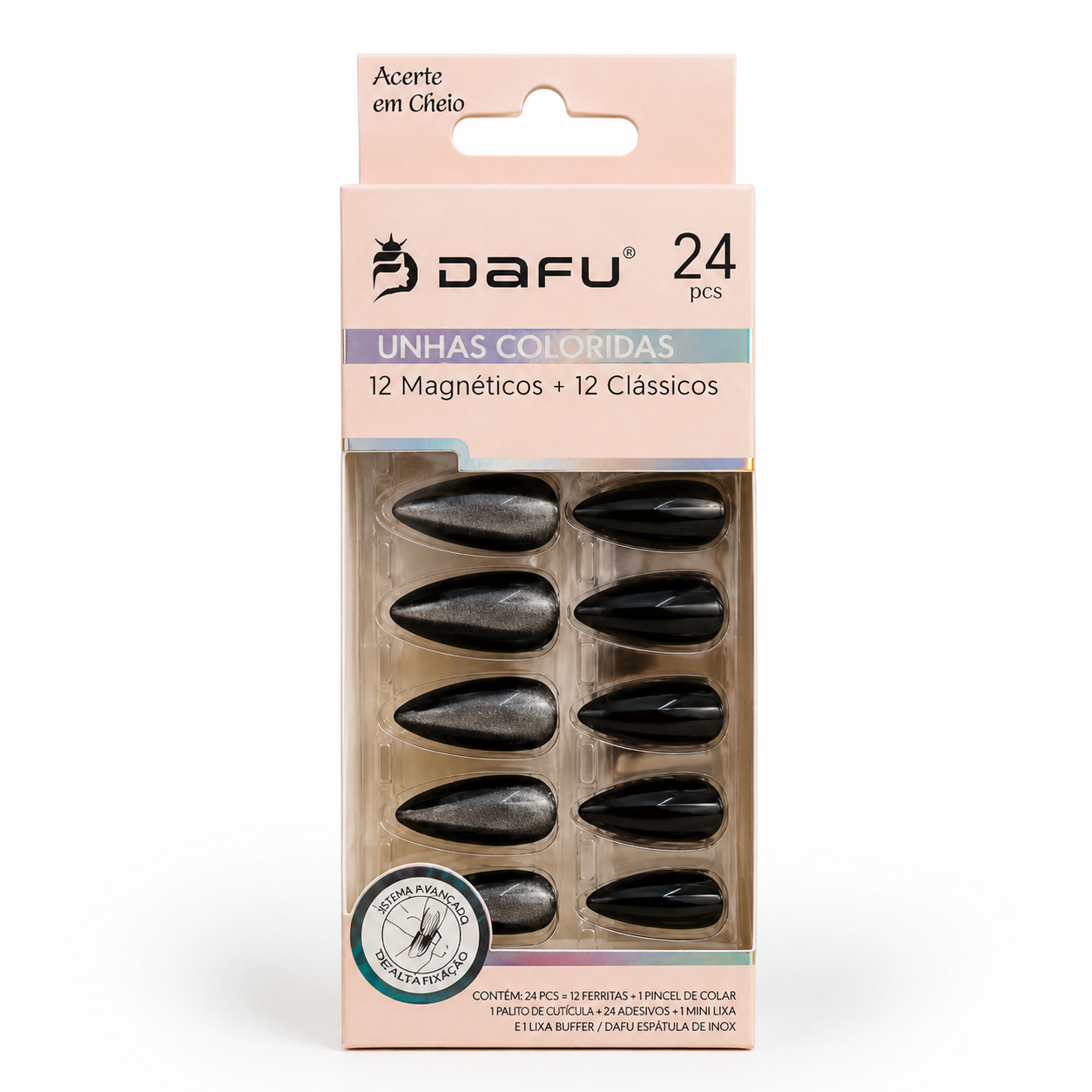 Unhas Postiças Coloridas DAFU 24 Peças Espelhadas Magneticas