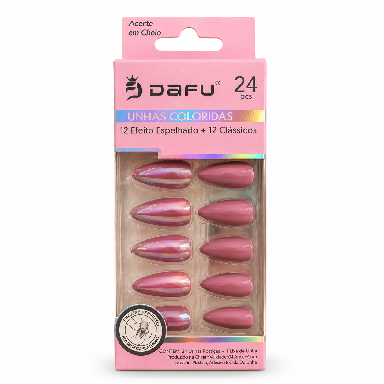 Unhas Postiças DAFU Coloridas Rosé Espelhadas 24 Peças Femininas Decoradas