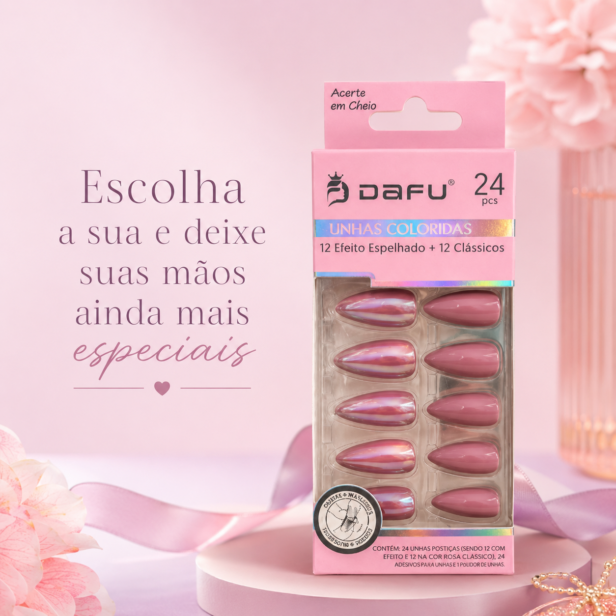 Unhas Postiças DAFU Coloridas Rosé Espelhadas 24 Peças Femininas Decoradas - Imagem 3