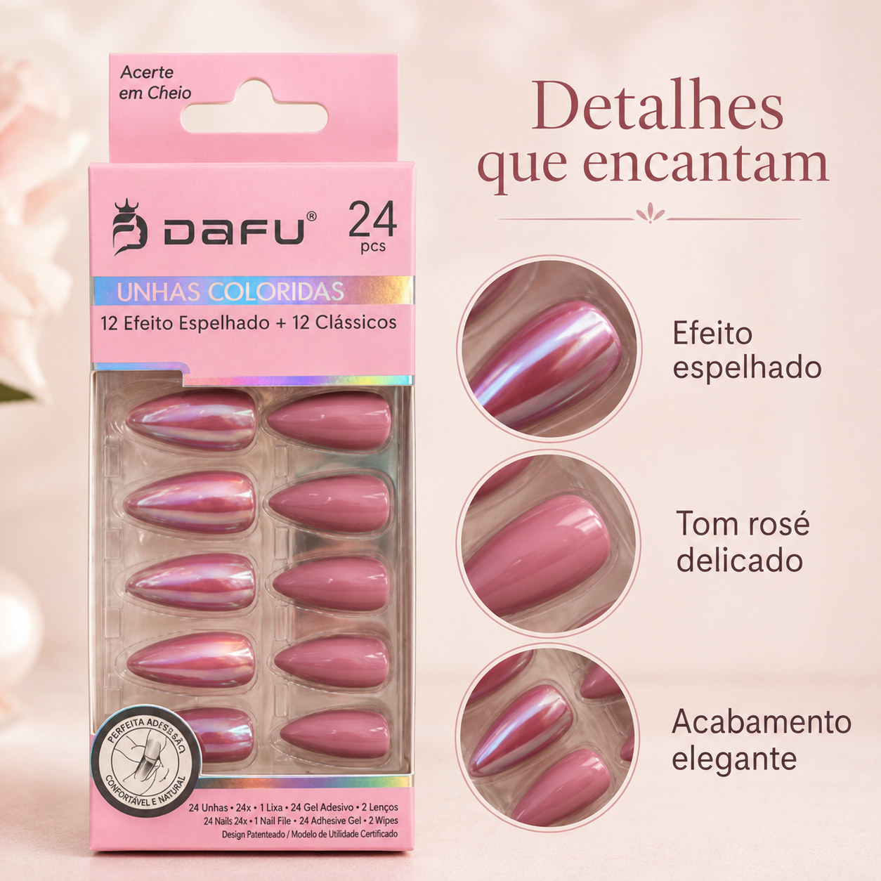 Unhas Postiças DAFU Coloridas Rosé Espelhadas 24 Peças Femininas Decoradas - Imagem 5
