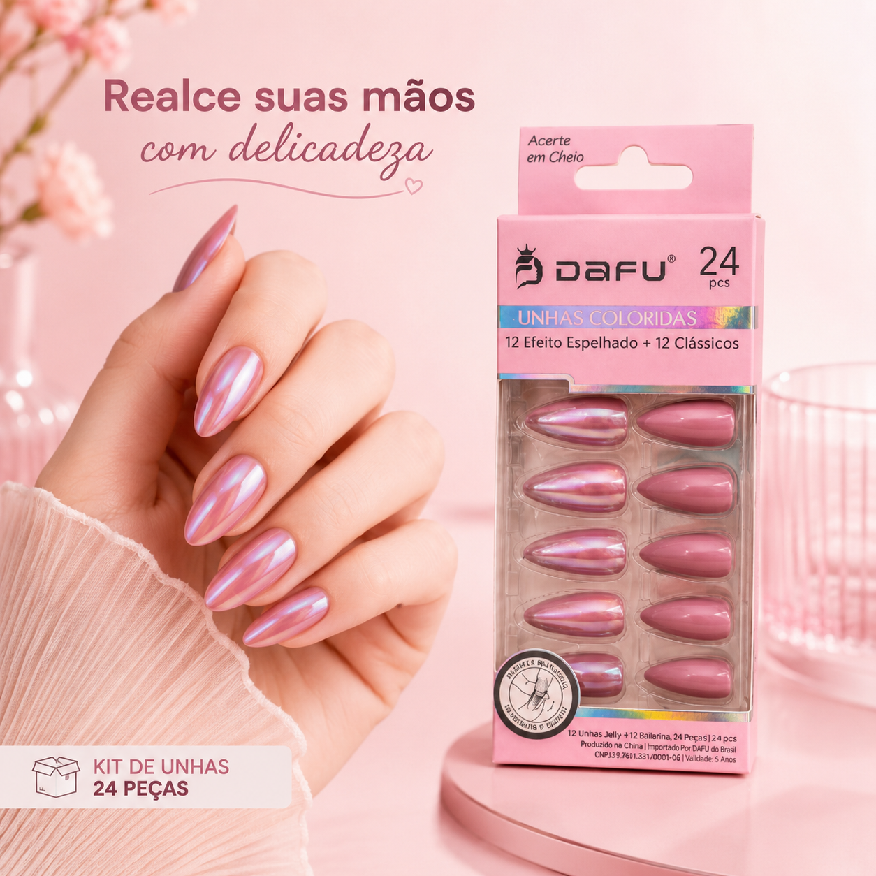 Unhas Postiças DAFU Coloridas Rosé Espelhadas 24 Peças Femininas Decoradas - Imagem 6