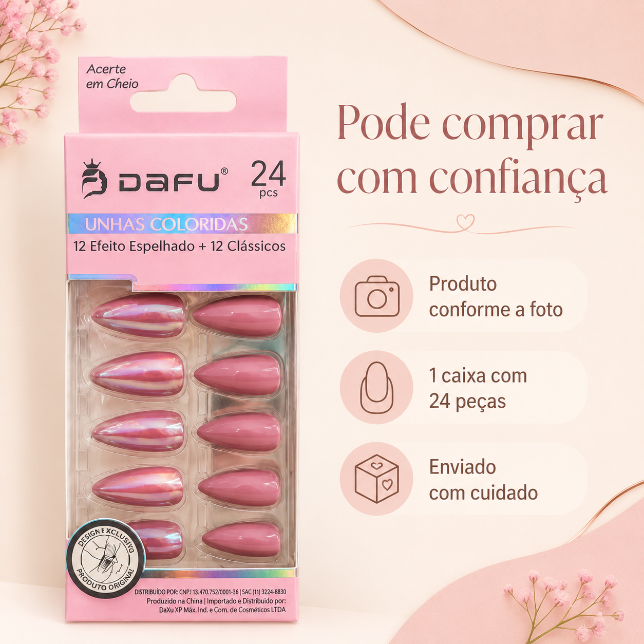 Unhas Postiças DAFU Coloridas Rosé Espelhadas 24 Peças Femininas Decoradas - Imagem 7