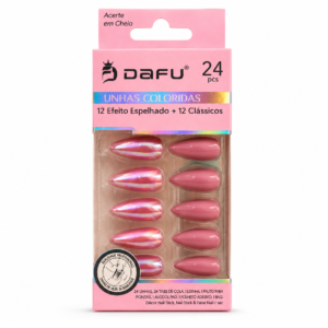 Unhas Postiças DAFU Coloridas Rosé Espelhadas 24 Peças Femininas Decoradas