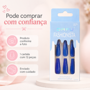Unhas Postiças DAFU Fashionista Azul 12 Peças Femininas Decoradas Práticas