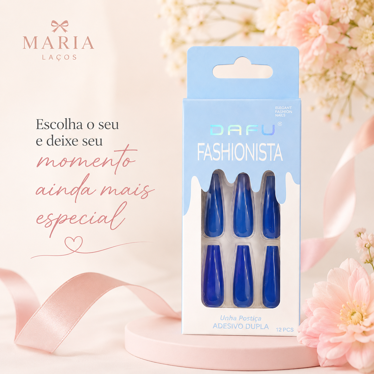 Unhas Postiças DAFU Fashionista Azul 12 Peças Femininas Decoradas Práticas - Imagem 2