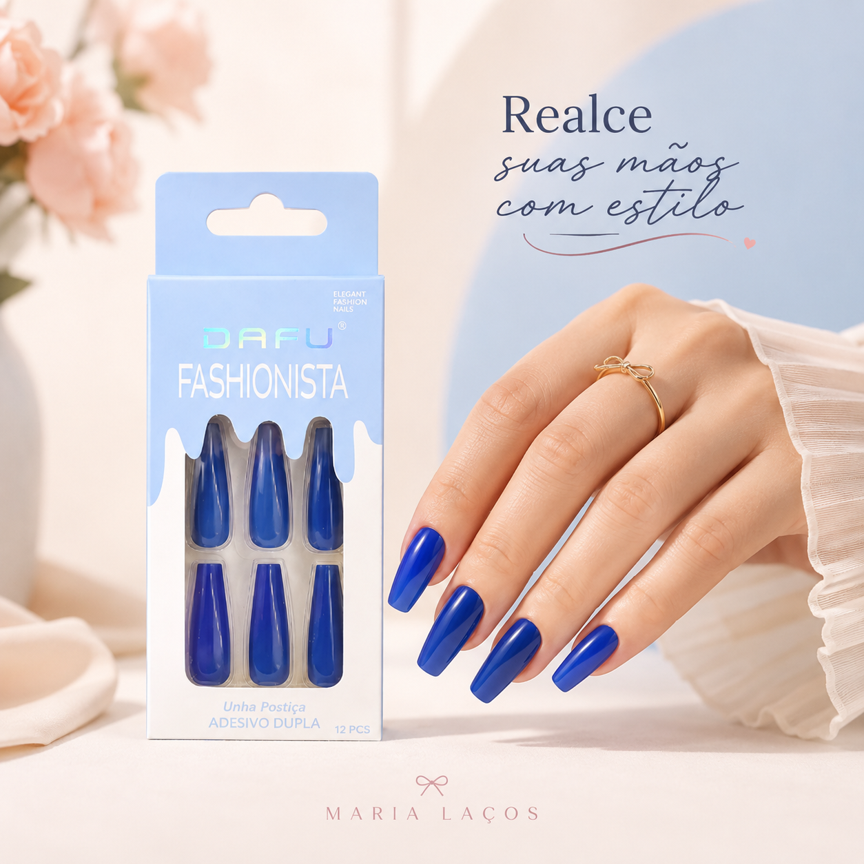 Unhas Postiças DAFU Fashionista Azul 12 Peças Femininas Decoradas Práticas - Imagem 3