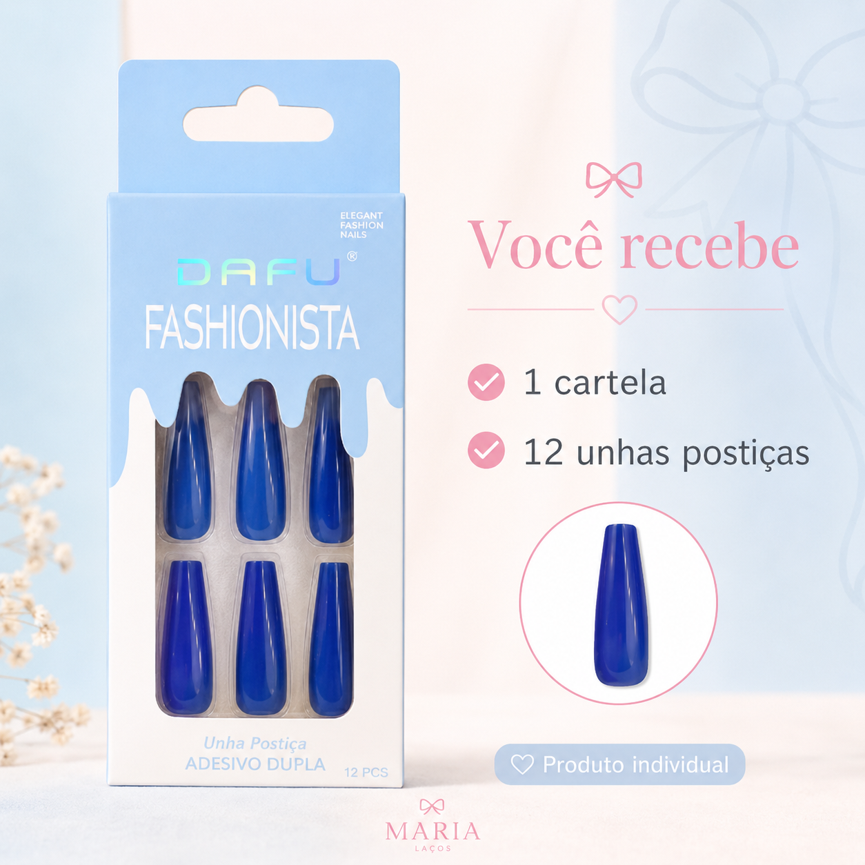 Unhas Postiças DAFU Fashionista Azul 12 Peças Femininas Decoradas Práticas - Imagem 4