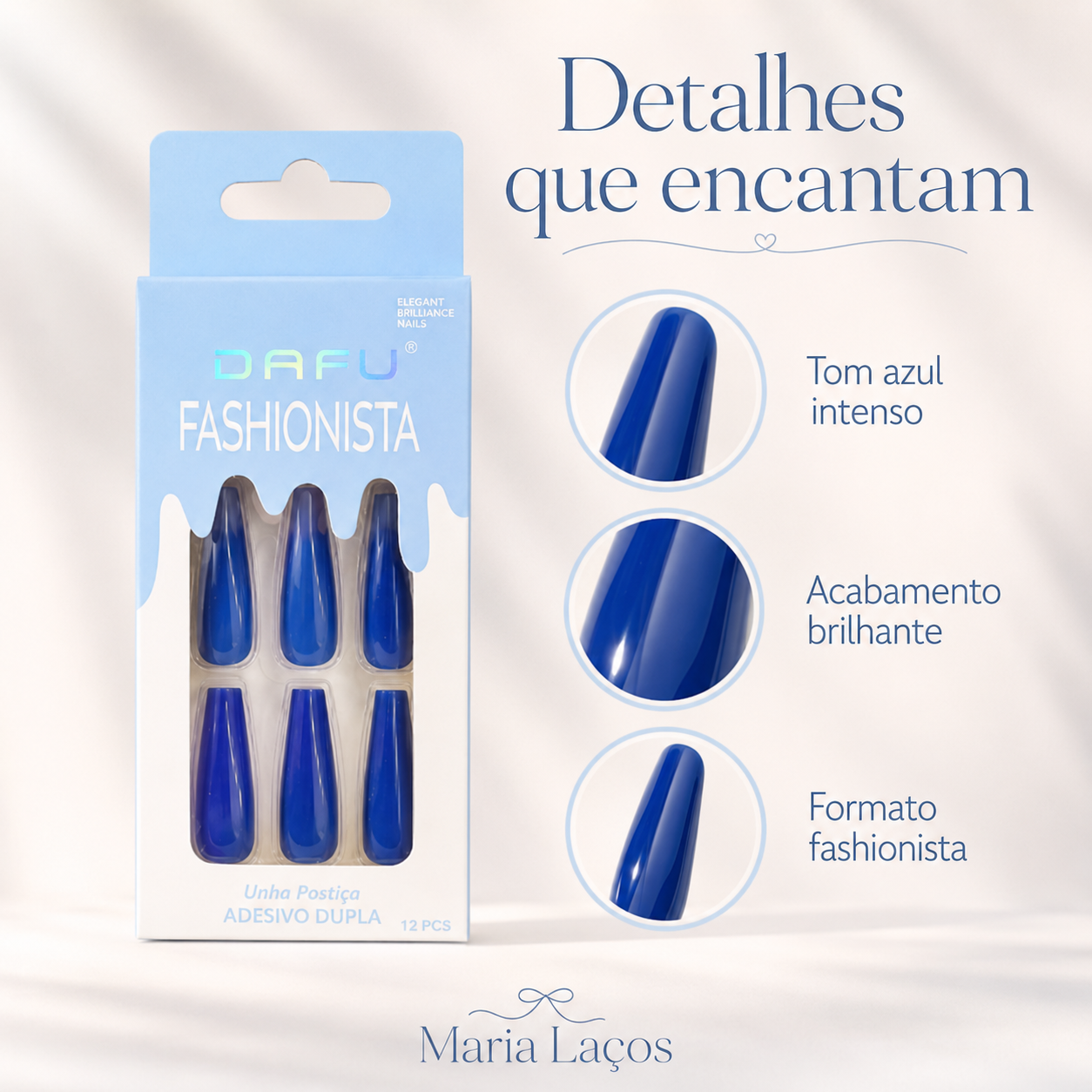 Unhas Postiças DAFU Fashionista Azul 12 Peças Femininas Decoradas Práticas - Imagem 5