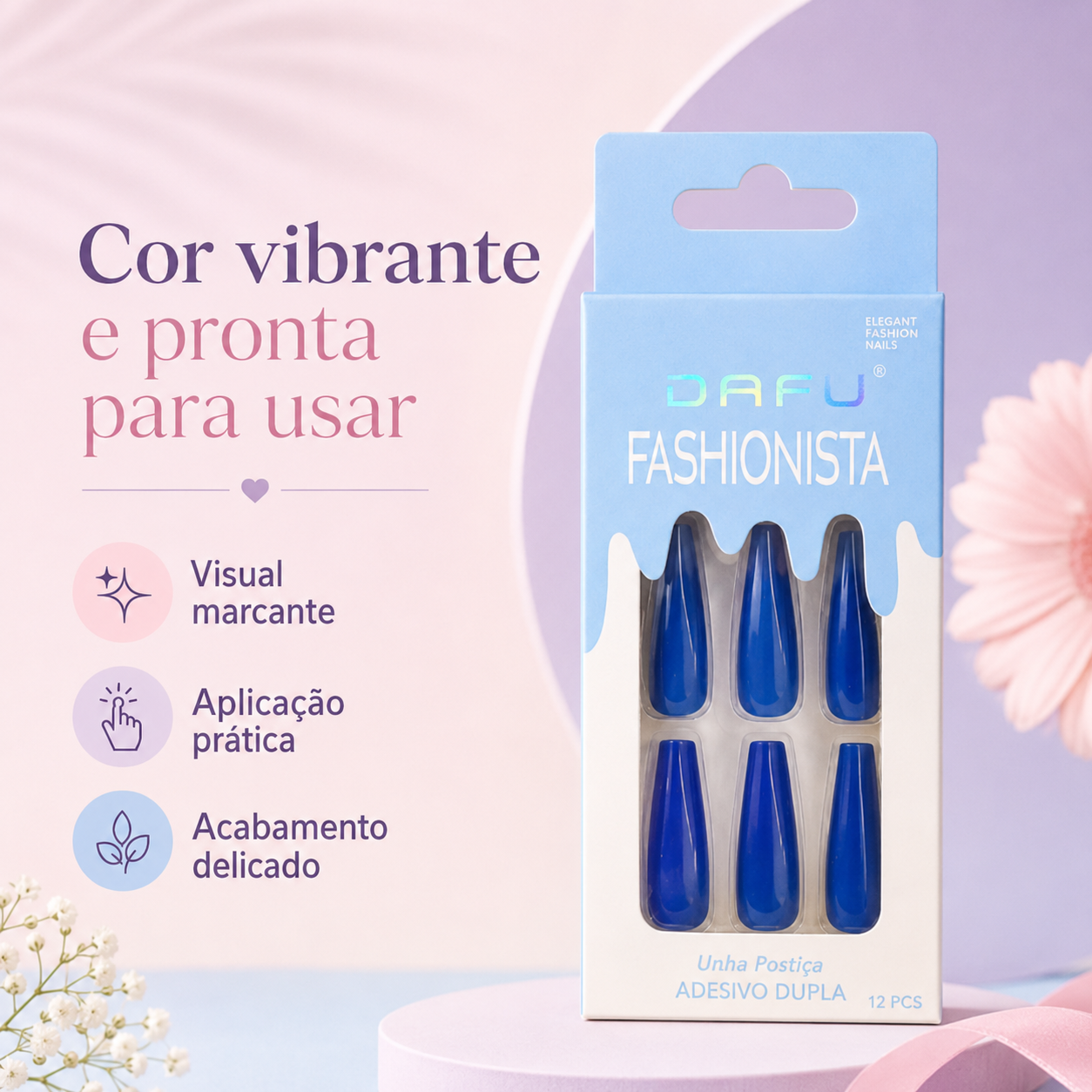 Unhas Postiças DAFU Fashionista Azul 12 Peças Femininas Decoradas Práticas - Imagem 7