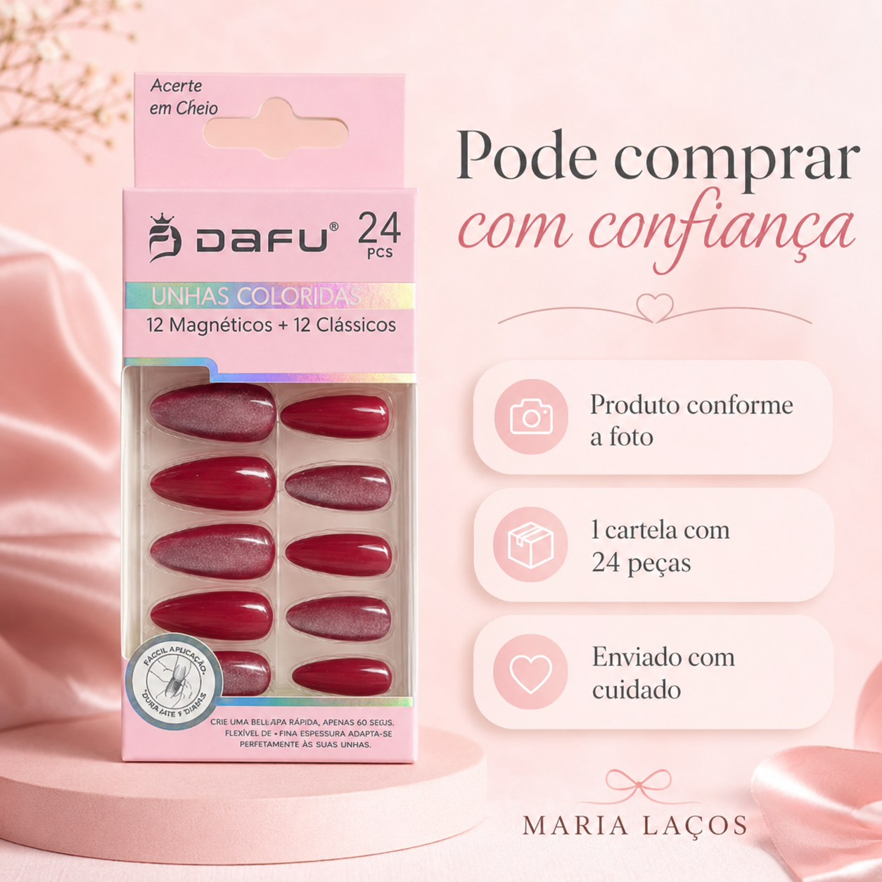 Unhas Postiças DAFU Coloridas Magnéticas e Clássicas 24 Peças Femininas