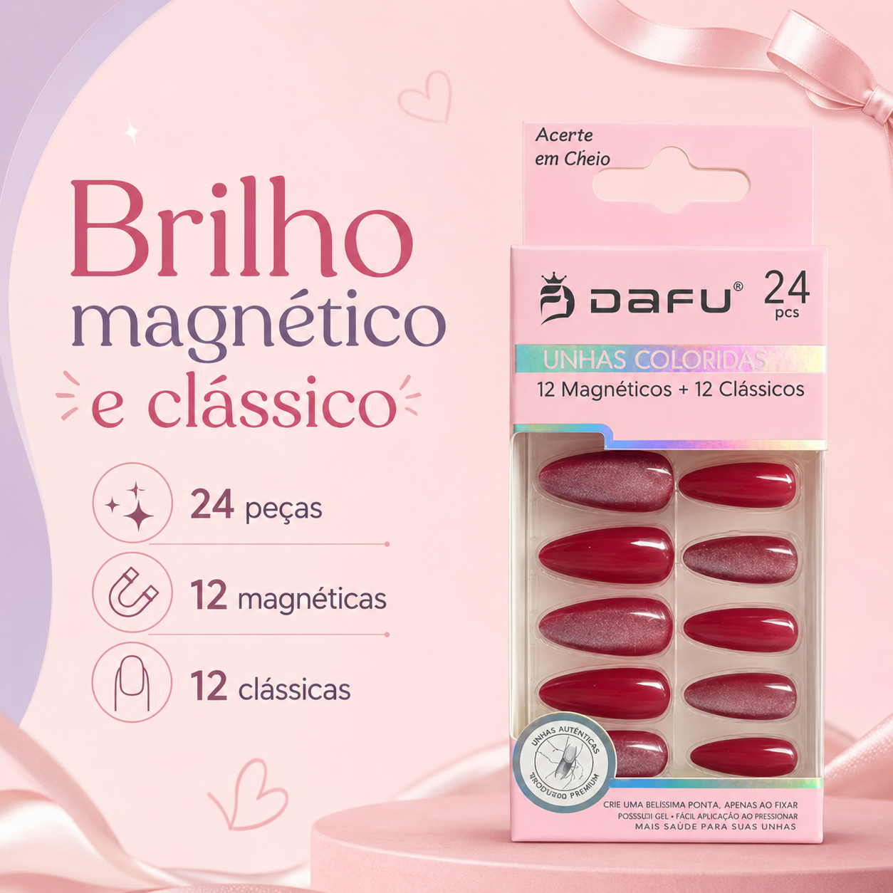 Unhas Postiças DAFU Coloridas Magnéticas e Clássicas 24 Peças Femininas - Imagem 2