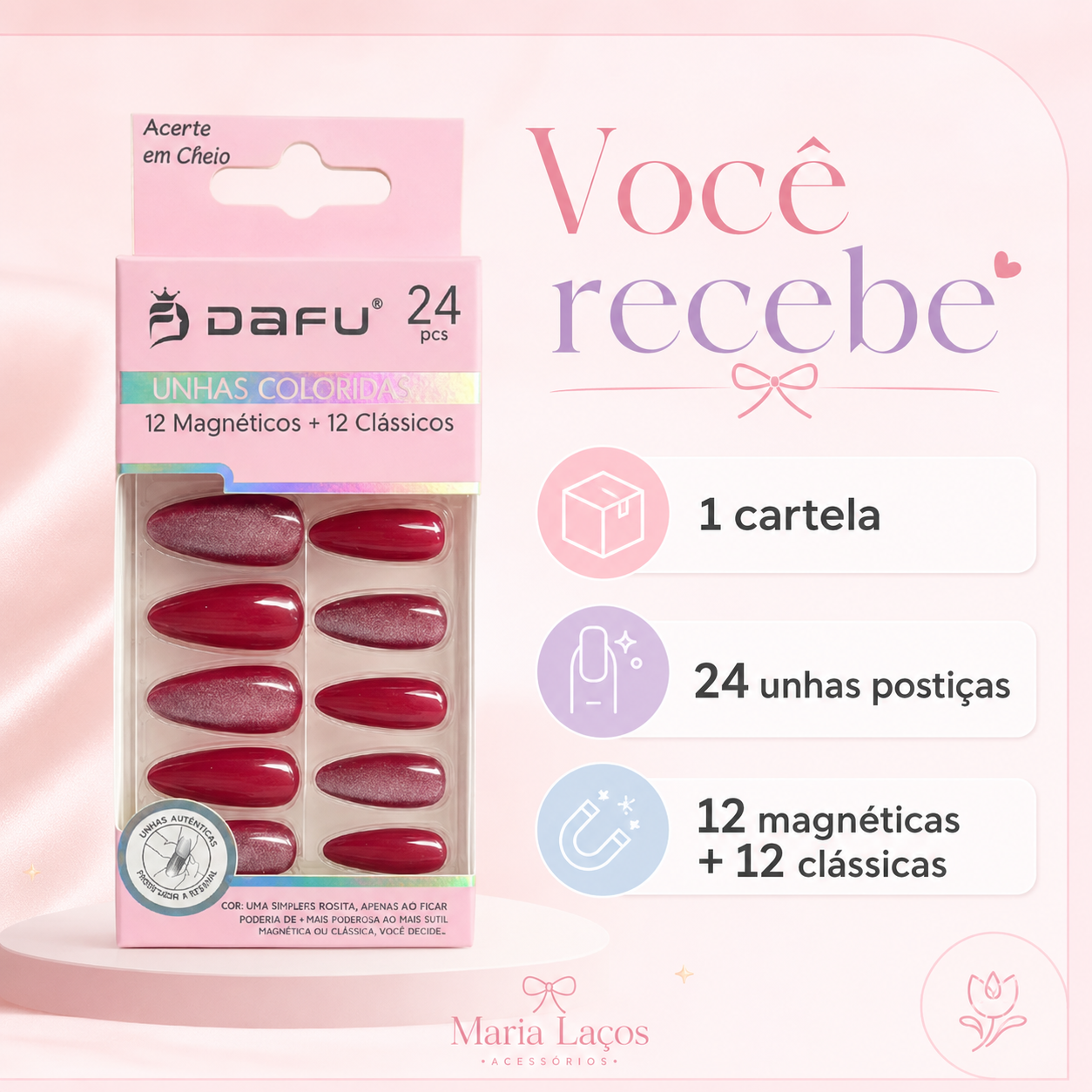 Unhas Postiças DAFU Coloridas Magnéticas e Clássicas 24 Peças Femininas - Imagem 3