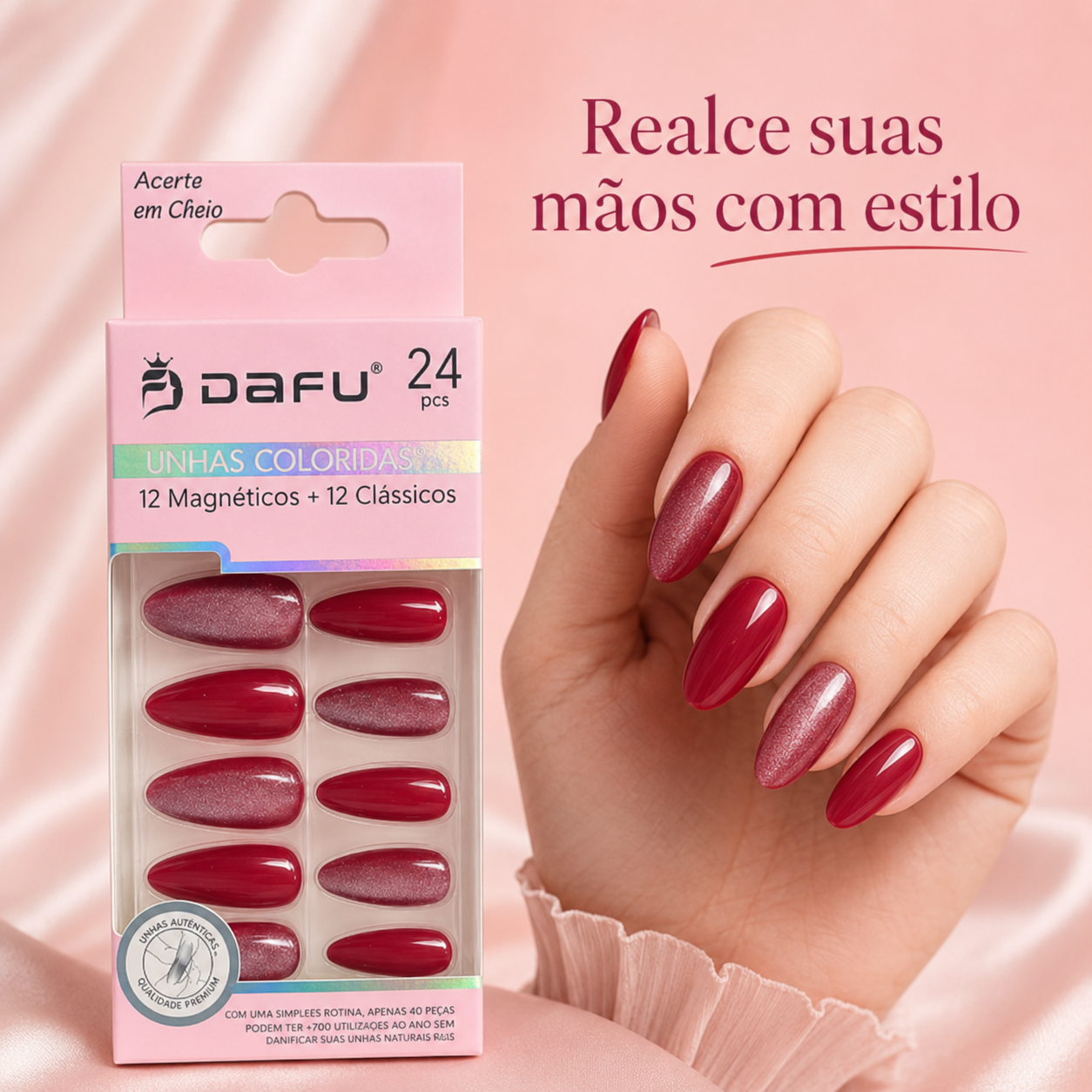 Unhas Postiças DAFU Coloridas Magnéticas e Clássicas 24 Peças Femininas - Imagem 5