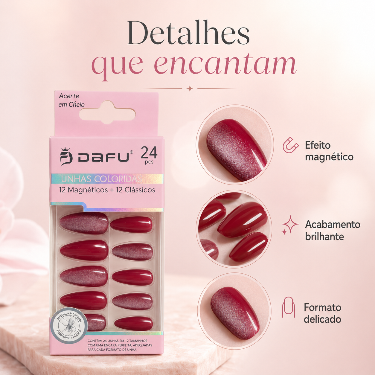 Unhas Postiças DAFU Coloridas Magnéticas e Clássicas 24 Peças Femininas - Imagem 7