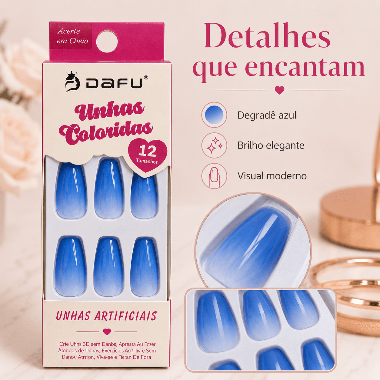 Unhas Postiças DAFU Coloridas Azul 12 Peças Decoradas Femininas Práticas - Imagem 2