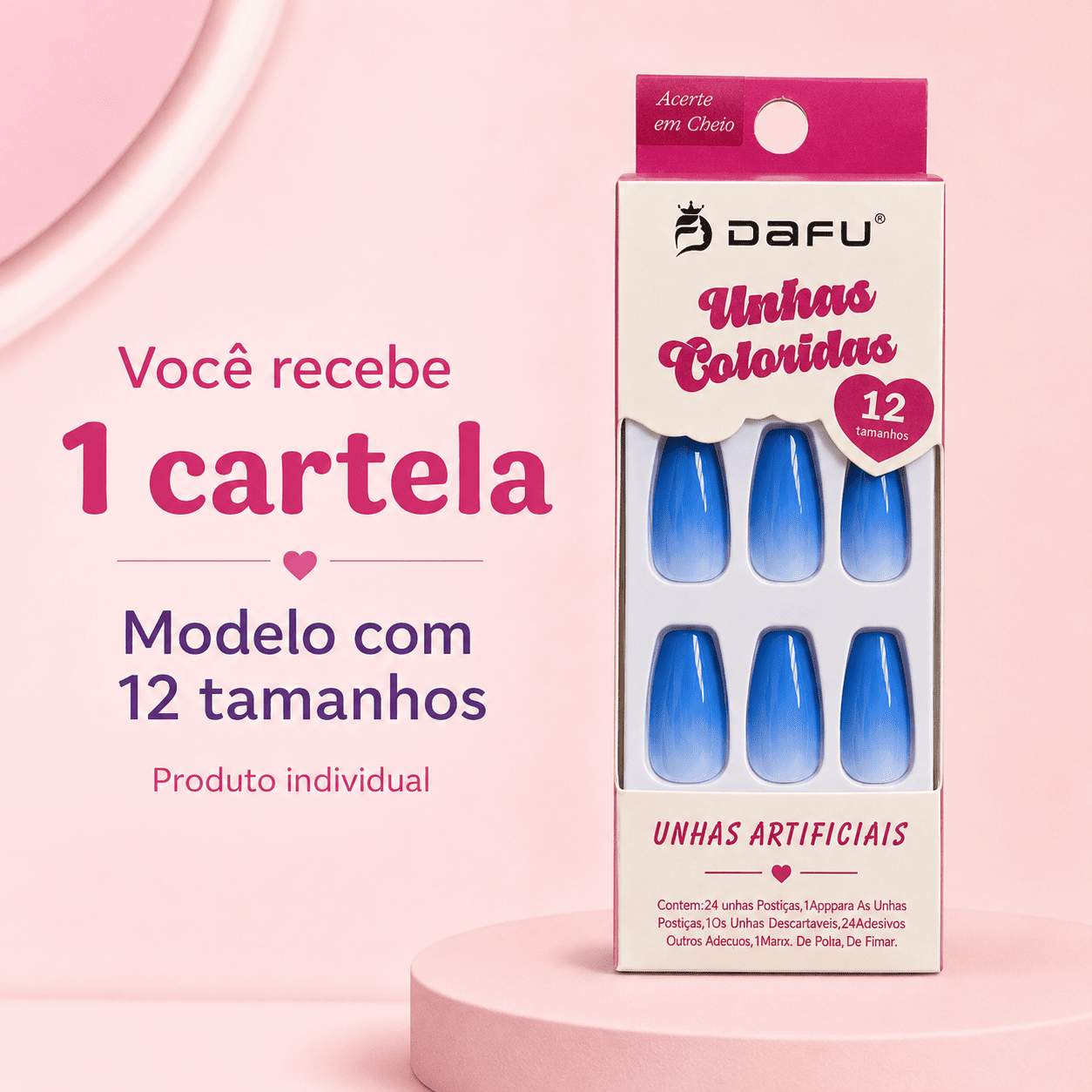 Unhas Postiças DAFU Coloridas Azul 12 Peças Decoradas Femininas Práticas - Imagem 4