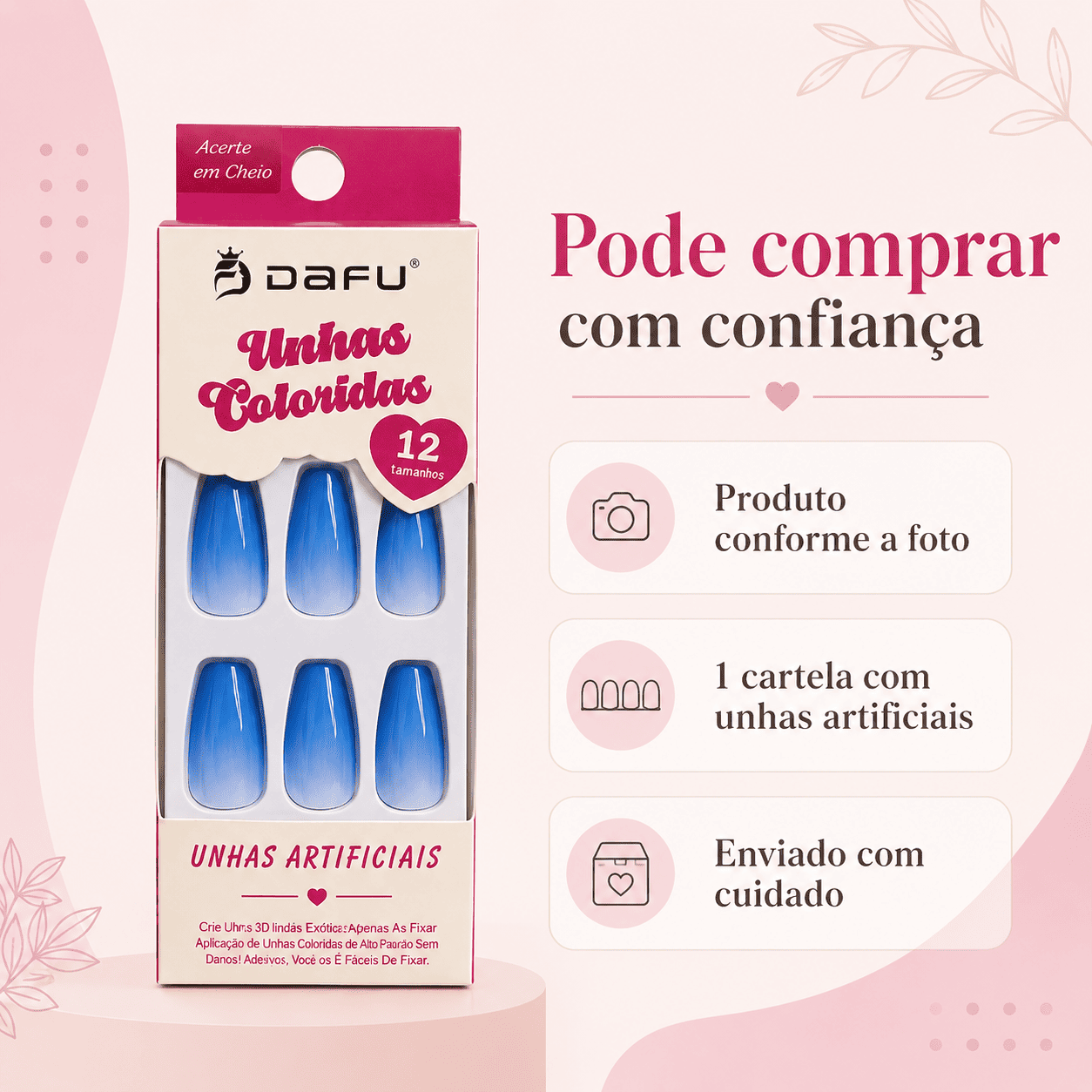 Unhas Postiças DAFU Coloridas Azul 12 Peças Decoradas Femininas Práticas - Imagem 3
