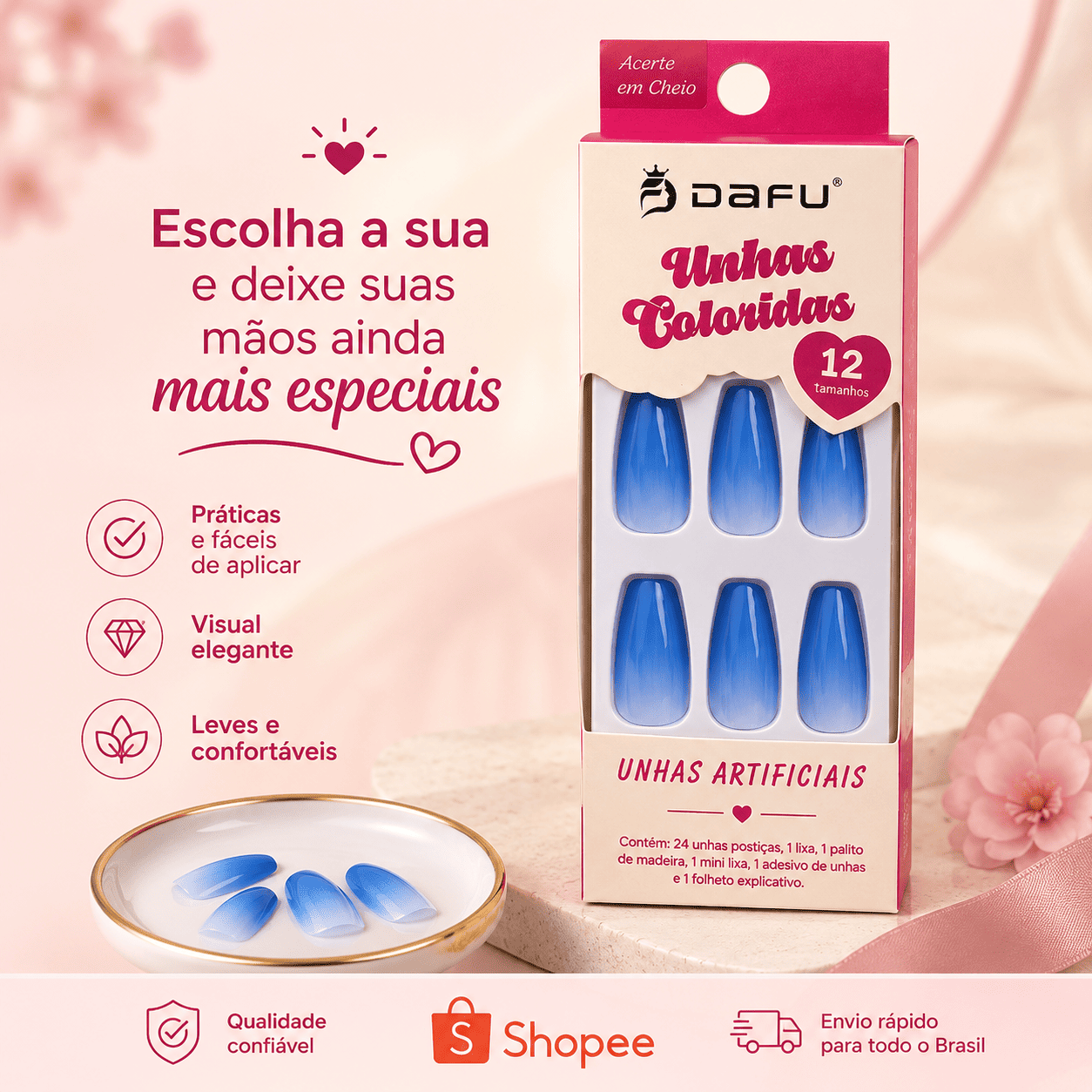 Unhas Postiças DAFU Coloridas Azul 12 Peças Decoradas Femininas Práticas - Imagem 5